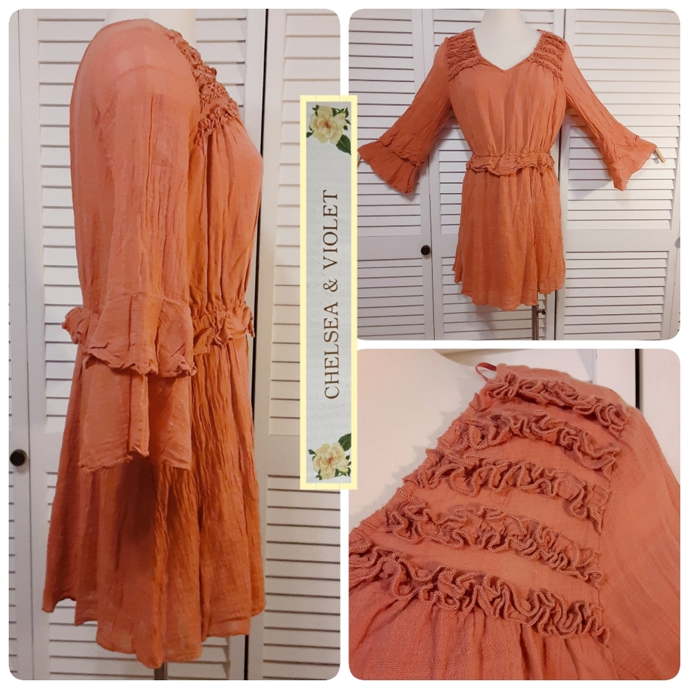 C&V Cottage Style Crepe Mini Dress with Ruffles & Bell Sleeves